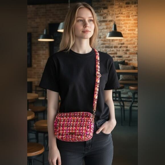 Vera Bradley Crossbody Bag Tweed Fuscia Pink Orange Houndstooth Barbiecore Purse - Picture 8 of 16